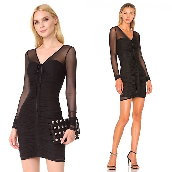 CINQ A SEPT 90s Sheer Mesh Long Sleeve Ruched V-Neck Bodycon Mini Dress 10 - Picture 1 of 5